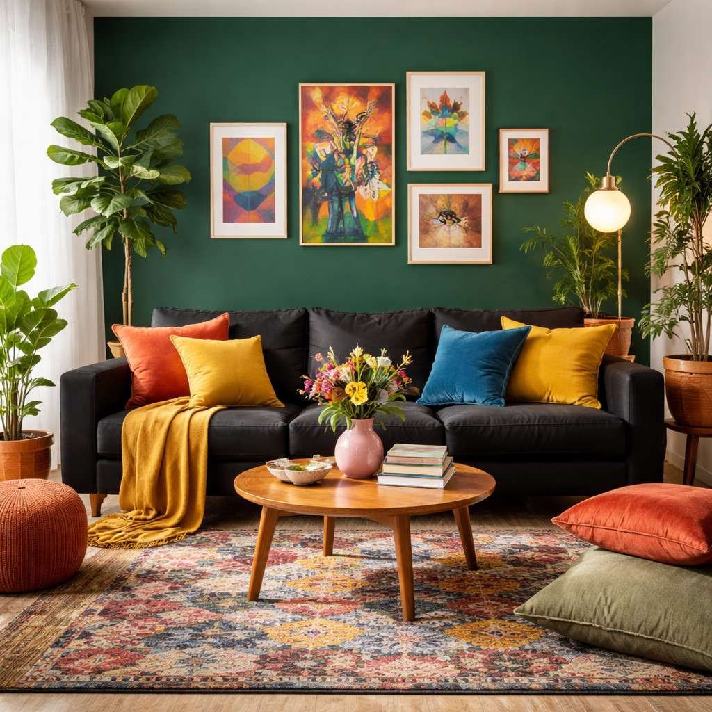 Colorful Living Room Ideas with a Black Couch